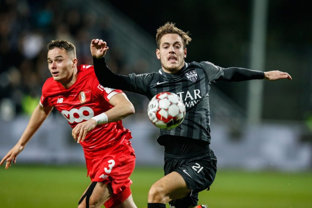 Standard's Zinho Vanheusden and Eupen's Jon Bautista fight for the ball during a soccer match between KAS Eupen and Standard de Liege, Saturday 23 November 2019 in Eupen, on day 16 of the 'Jupiler Pro League' Belgian soccer championship season 2019-2020. BELGA PHOTO BRUNO FAHY