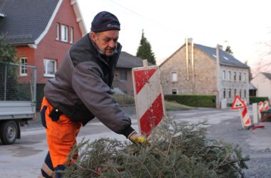 In Raeren sammeln die Bauhof-Mitarbeiter die Weihnachtsbäume ein (Bild: Katrin Margraff/BRF)