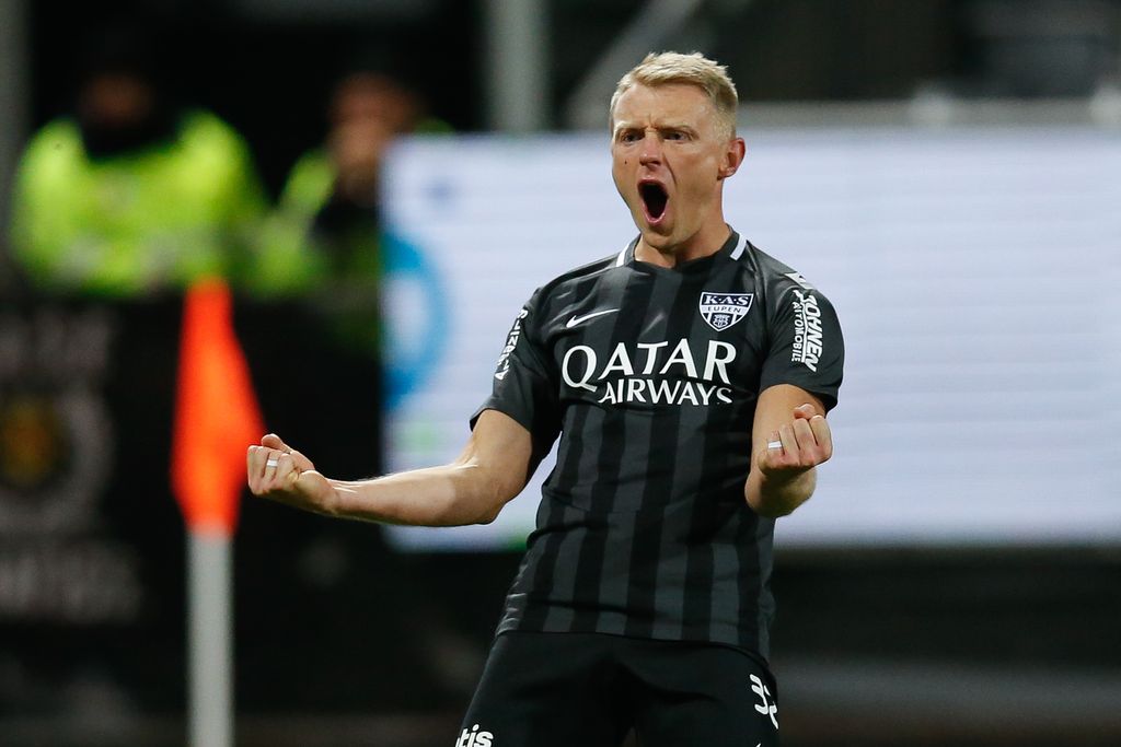 upen's Andreas Beck celebrates after scoring during a soccer match between KAS Eupen and Cercle Brugge, Saturday 01 February 2020 in Eupen, on day 24 of the 'Jupiler Pro League' Belgian soccer championship season 2019-2020. BELGA PHOTO BRUNO FAHY