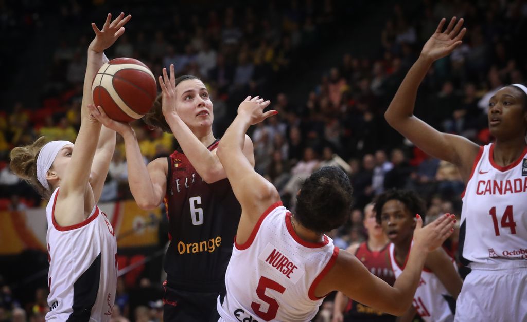 Belgian Cats Antonia Tonia Delaere pictured in action during a basketball match between Belgium's national team The Belgian Cats and Canada, at the women's Basketball Olympic qualification tournament Thursday 06 February 2020 in Oostende. BELGA PHOTO VIRGINIE LEFOUR