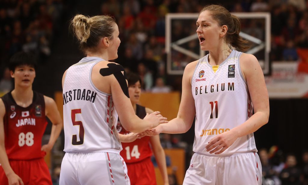 Belgian Cats Kim Mestdagh and Belgian Cats Emma Meesseman pictured during the second basketball match between Belgium's national team The Belgian Cats and Japan, at the women's Basketball Olympic qualification tournament Saturday 08 February 2020 in Oostende. BELGA PHOTO VIRGINIE LEFOUR