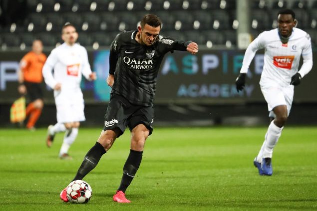 Eupen's Smail Prevljak scoring the 1-1 goal during a soccer match between KAS Eupen and KAA Gent, Friday 14 February 2020 in Eupen, on day 26 of the 'Jupiler Pro League' Belgian soccer championship season 2019-2020. BELGA PHOTO VIRGINIE LEFOUR
