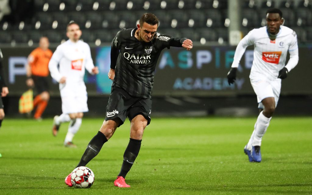 Eupen's Smail Prevljak scoring the 1-1 goal during a soccer match between KAS Eupen and KAA Gent, Friday 14 February 2020 in Eupen, on day 26 of the 'Jupiler Pro League' Belgian soccer championship season 2019-2020. BELGA PHOTO VIRGINIE LEFOUR