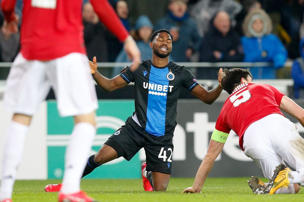 Club's Emmanuel Bonaventure Dennis reacts during a game of the 1/16 finals of the UEFA Europa League between Belgian soccer club Club Brugge and English club Manchetser United, in Brugge, Thursday 20 February 2020. BELGA PHOTO BRUNO FAHY