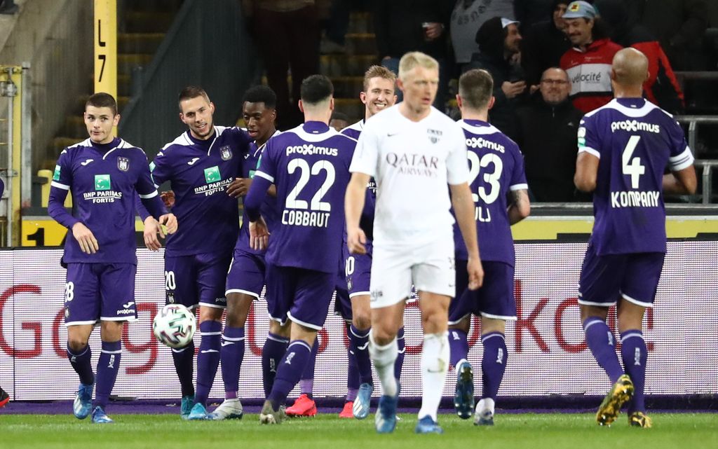 Anderlecht's Marko Pjaca celebrates after scoring during a soccer match between RSC Anderlecht and KAS Eupen, Sunday 23 February 2020 in Brussels, on day 27 of the 'Jupiler Pro League' Belgian soccer championship season 2019-2020. BELGA PHOTO VIRGINIE LEFOUR