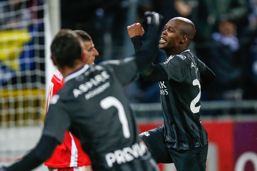 Eupen's Knowledge Musona celebrates after scoring during a soccer match between KAS Eupen and Royal Excel Mouscron, Saturday 29 February 2020 in Eupen, on day 28 of the 'Jupiler Pro League' Belgian soccer championship season 2019-2020. BELGA PHOTO BRUNO FAHY