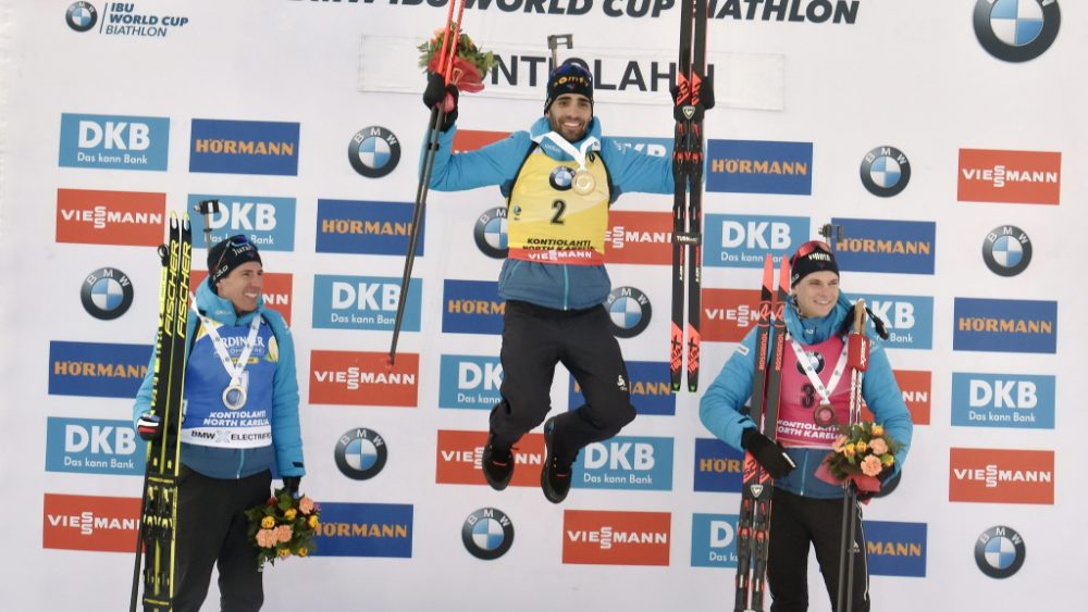 Martin Fourcade gewinnt sein letztes Rennen vor Quentin Fillon Maillet und Emilien Jacquelin (Bild: Jussi Nukari/AFP)