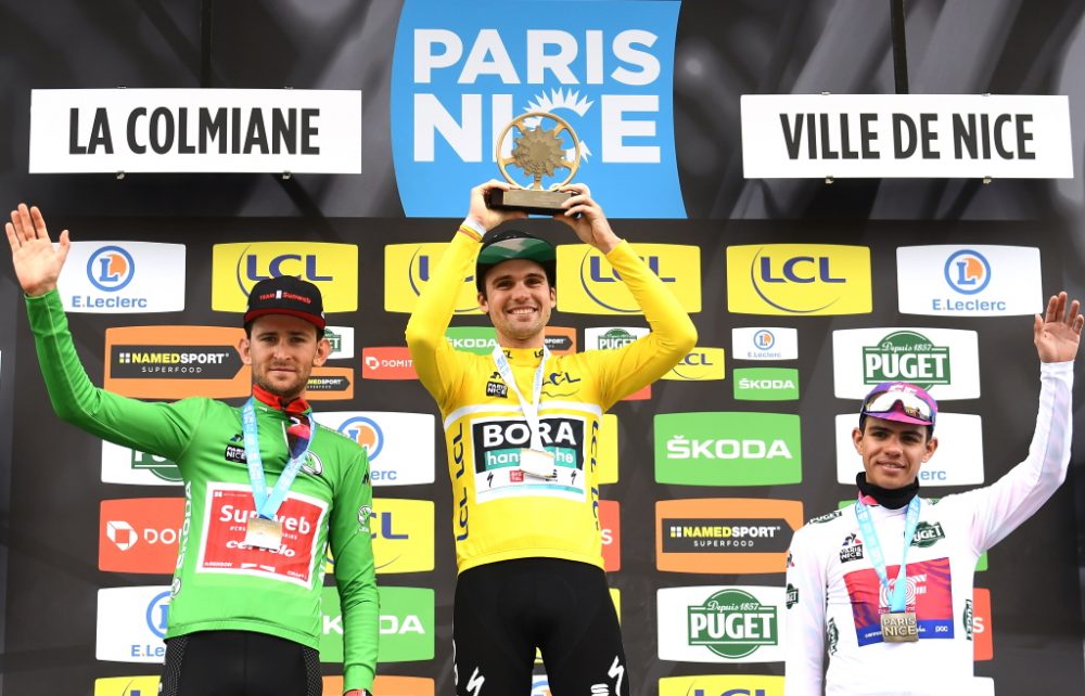 Maximilian Schachmann gewinnt Paris-Nizza vor Tiesj Benoot und Sergio Higuita (Bild: Alain Jocard/AFP)