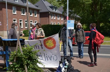 Mini-Demo am Grenzübergang Köpfchen gegen die Atommüllendlagerung (Bild: Chantal Scheuren/BRF)