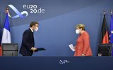 Frankreichs Präsident Macron und die deutsche Kanzlerin Merkel bei der gemeinsamen Pressekonferenz zum Abschluss des Gipfels (Bild: John Thys/AFP)