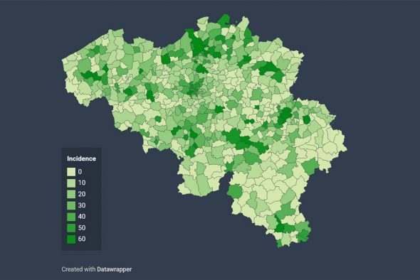 Übersicht der Infektionsfälle pro Gemeinde von Sciensano (10. August)