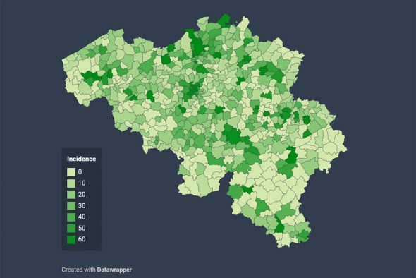 Übersicht der Infektionsfälle pro Gemeinde von Sciensano (14. August)