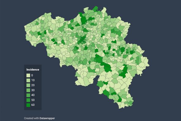 Übersicht der Infektionsfälle pro Gemeinde von Sciensano (16. August)