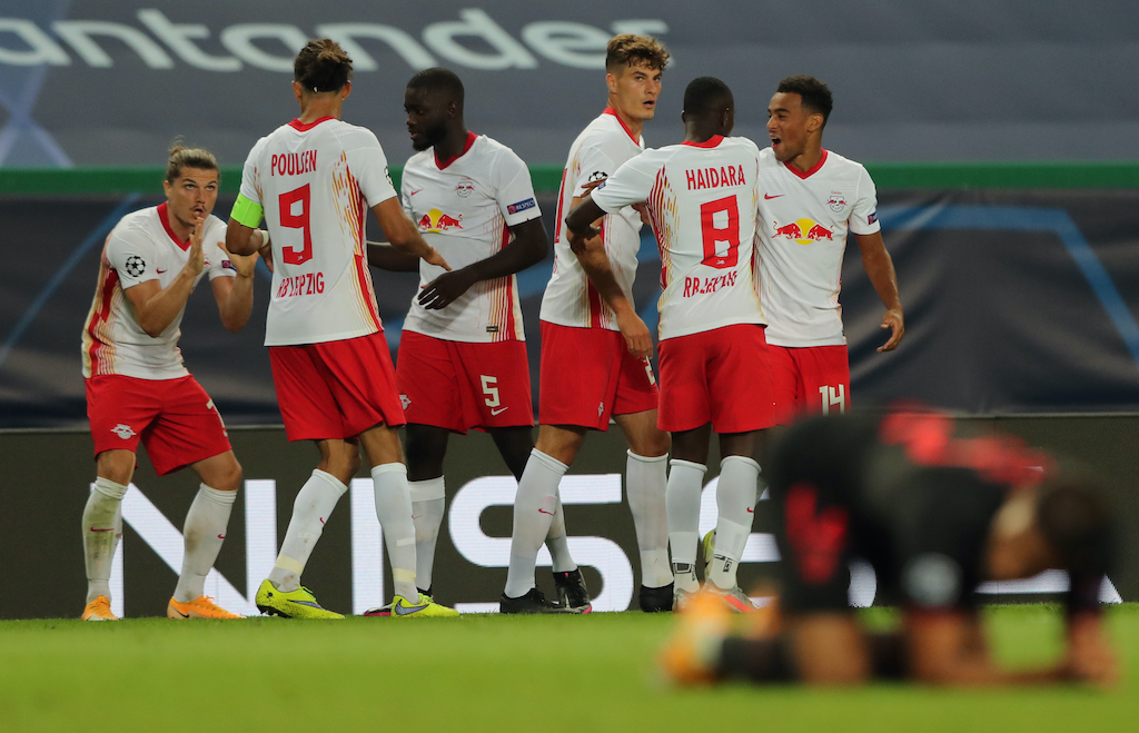 Leipzig feiert den Einzug in das Halbfinale der Champions League (Bild: Miguel A. Lopes/AFP)