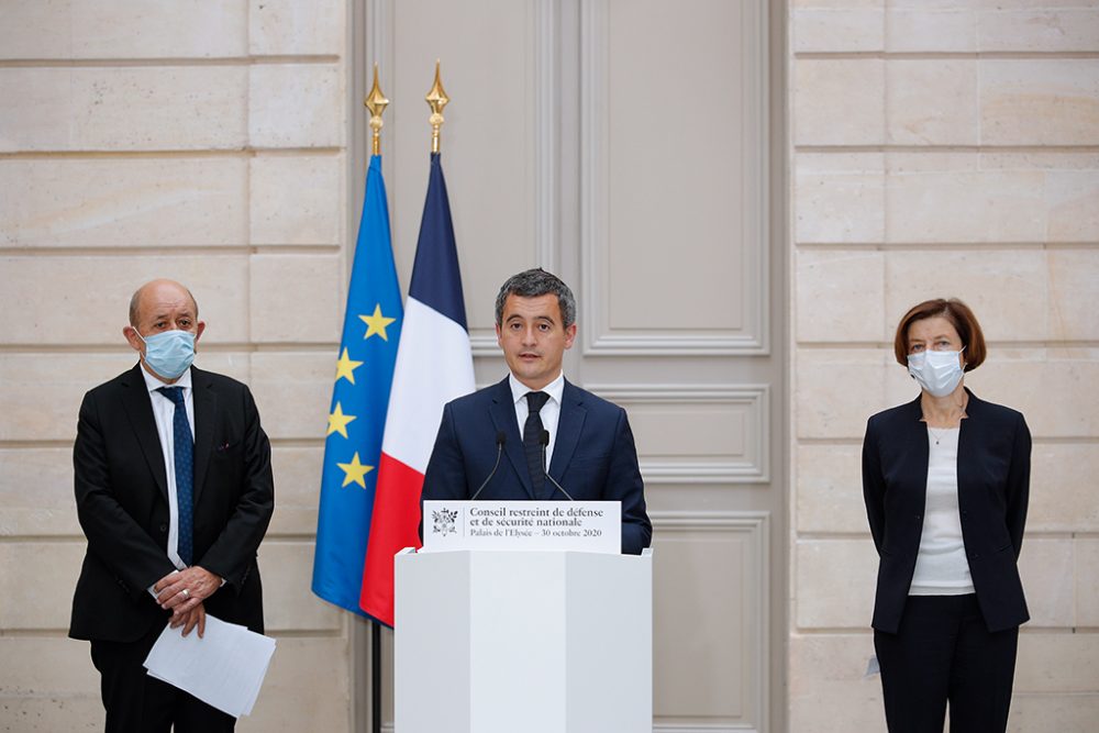 Frankreichs Außenminister Jean-Yves Le Drian, Innenminister Gerald Darmanin und Armeeministerin Florence Parly (Bild: Yoan Valat/POOL/AFP)