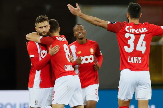 Standard's Nicolas Gavory celebrates after scoring during a play-offs game of the UEFA Europa League competition between Belgian soccer team Standard de Liege and Hungarian team MOL Fehervar FC, Tuesday 01 September 2020 in Liege. BELGA PHOTO BRUNO FAHY