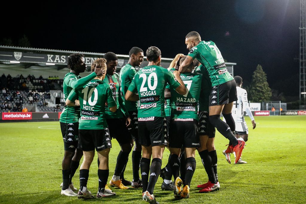 Cercle's players celebrate during a soccer match between KAS Eupen and Cercle Brugge KSV, Saturday 03 October 2020 in Eupen, on day 8 of the 'Jupiler Pro League' first division of the Belgian championship. BELGA PHOTO BRUNO FAHY
