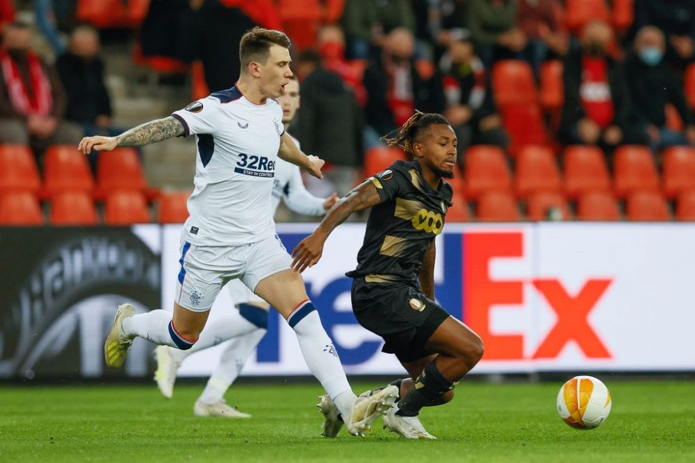 Rangers' Ryan Jack and Standard's Samuel Bastien fight for the ball during a soccer match between Belgian team Standard de Liege and Scottish club Rangers FC, Thursday 22 October 2020 in Liege, on the first day of the group phase (group D) of the UEFA Europa League competition. BELGA PHOTO BRUNO FAHY