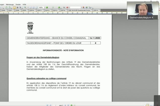 Der Gemeinderat Kelmis hat am Montagabend digital über eine Videoplattform getagt (Screenshot)