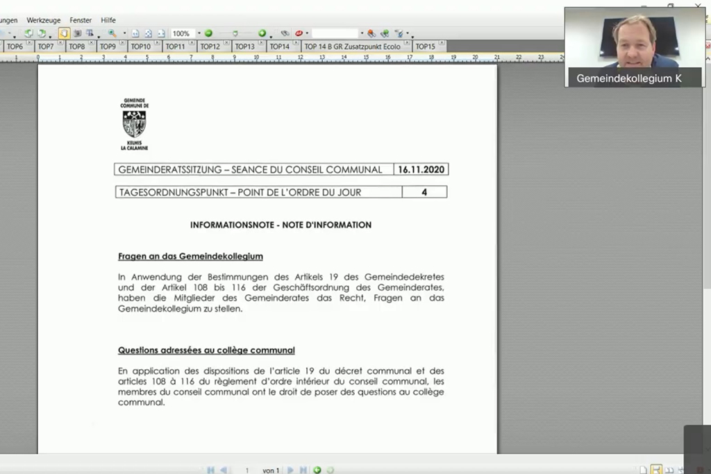 Der Gemeinderat Kelmis hat am Montagabend digital über eine Videoplattform getagt (Screenshot)