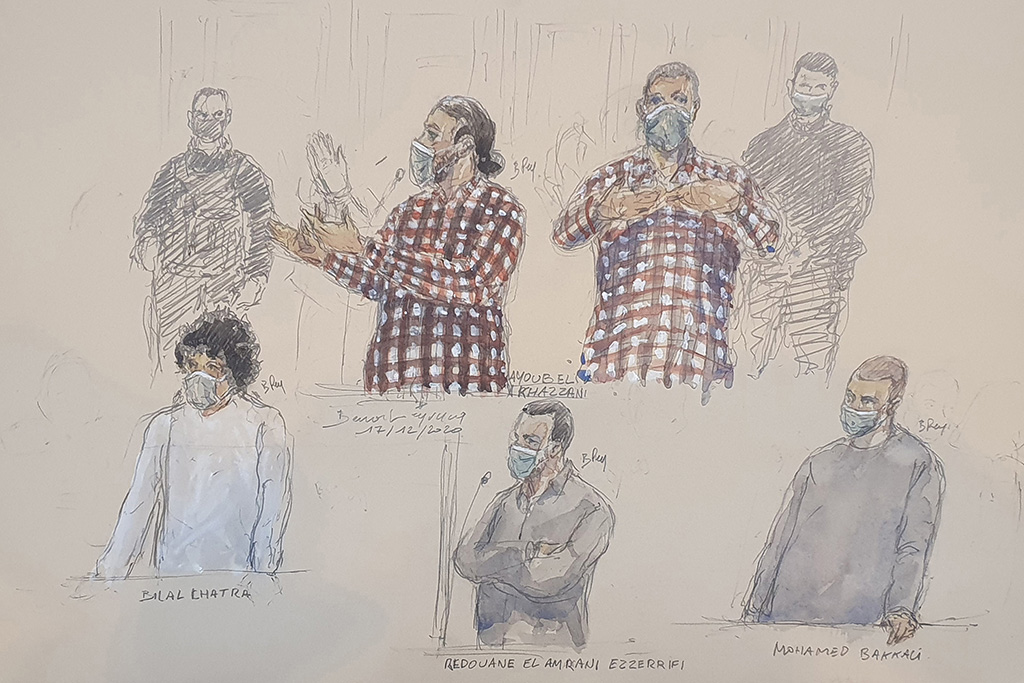 Skizze der Angeklagten im Prozess um den vereitelten Terrorangriff im Thalys nach Paris (Bild: Benoit Peyrucq/AFP)