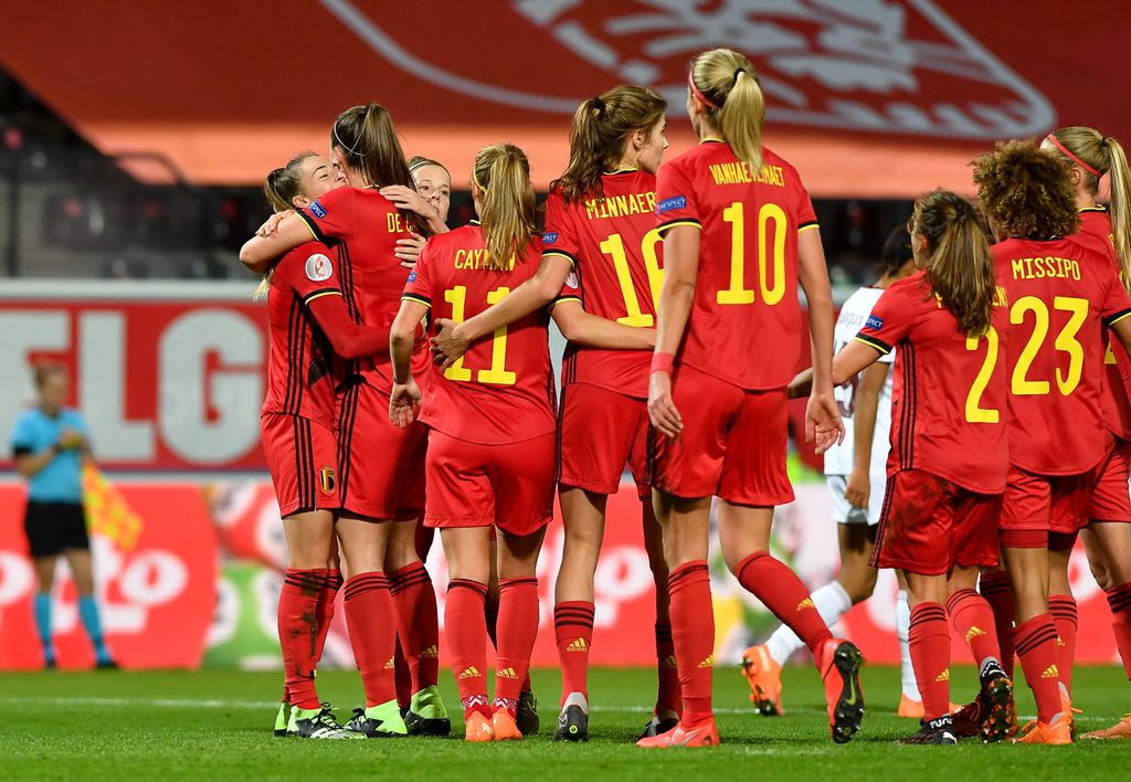 belgian players celebrate after scoring during a soccer game between Belgium's Red Flames and Switzerland, Tuesday 01 December 2020 in Heverlee, the last qualification game for the women's Euro 2021 European Championships. BELGA PHOTO DAVID CATRY