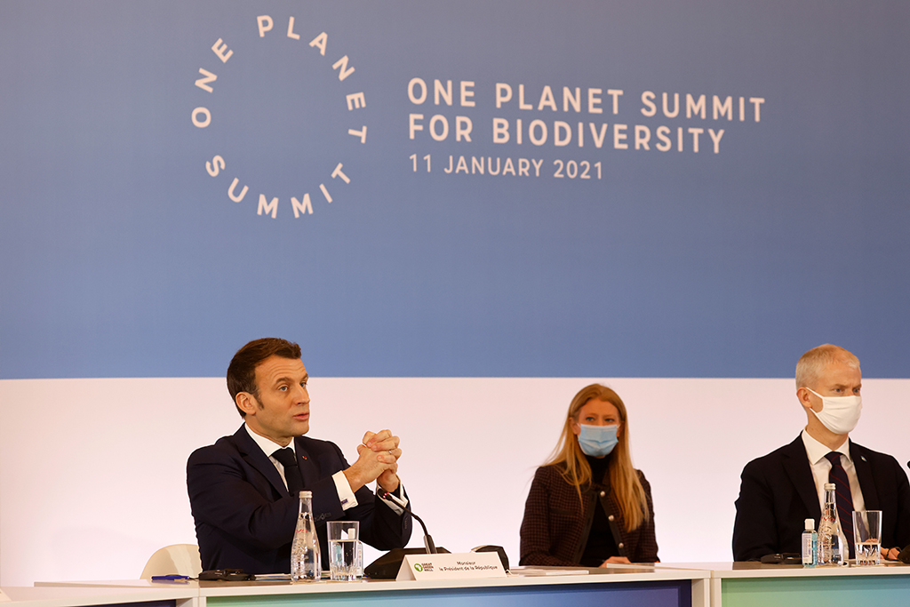 Emmanuel Macron (l.) beim internationalen Gipfel für mehr Klima- und Artenschutz (Bild: Ludovic Marin/POOL/AFP)