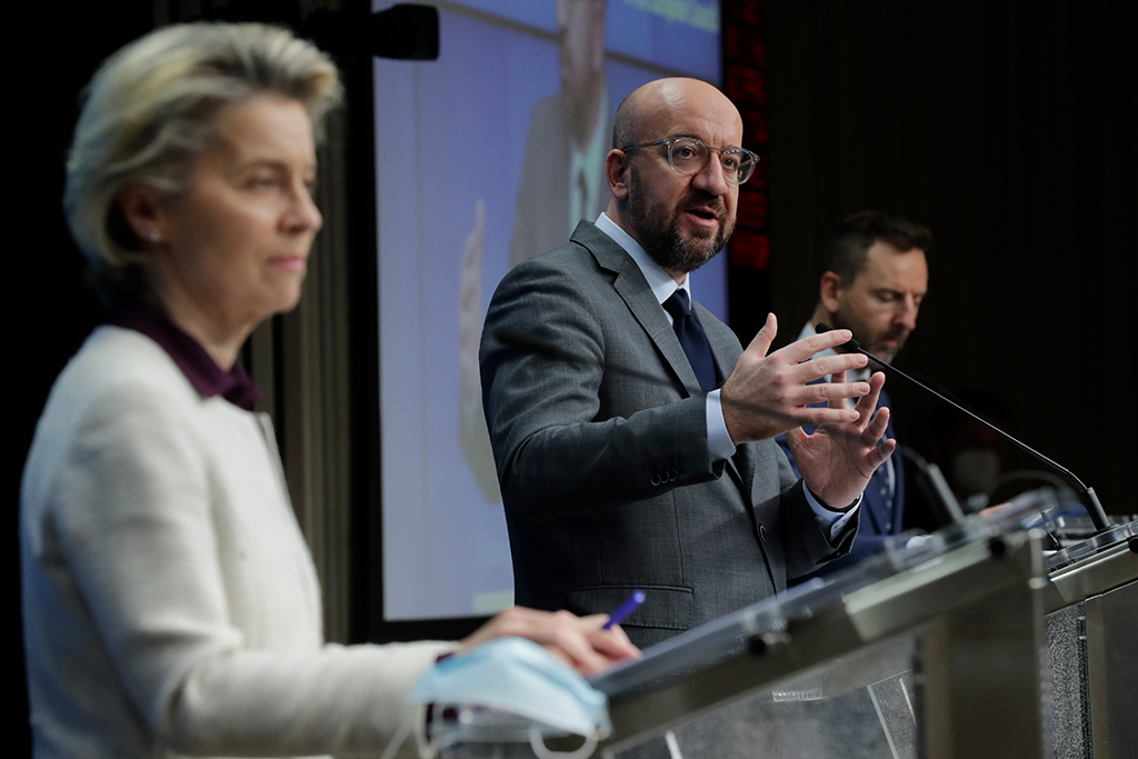 EU-Ratschef Charles Michel bei der Pressekonferenz nach dem Videogipfel