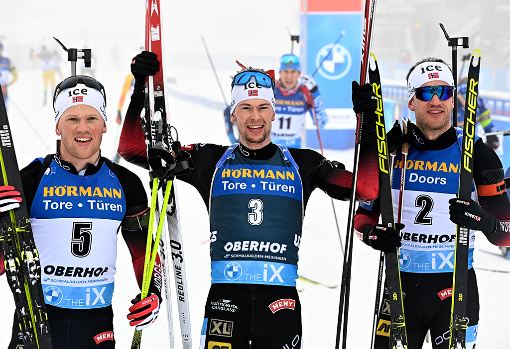 Oberhof: Die norwegischen Biathleten Johannes Dale, Sturla Holm Laegreid und Tarjei Boe (Bild: Tobias Schwarz/AFP)