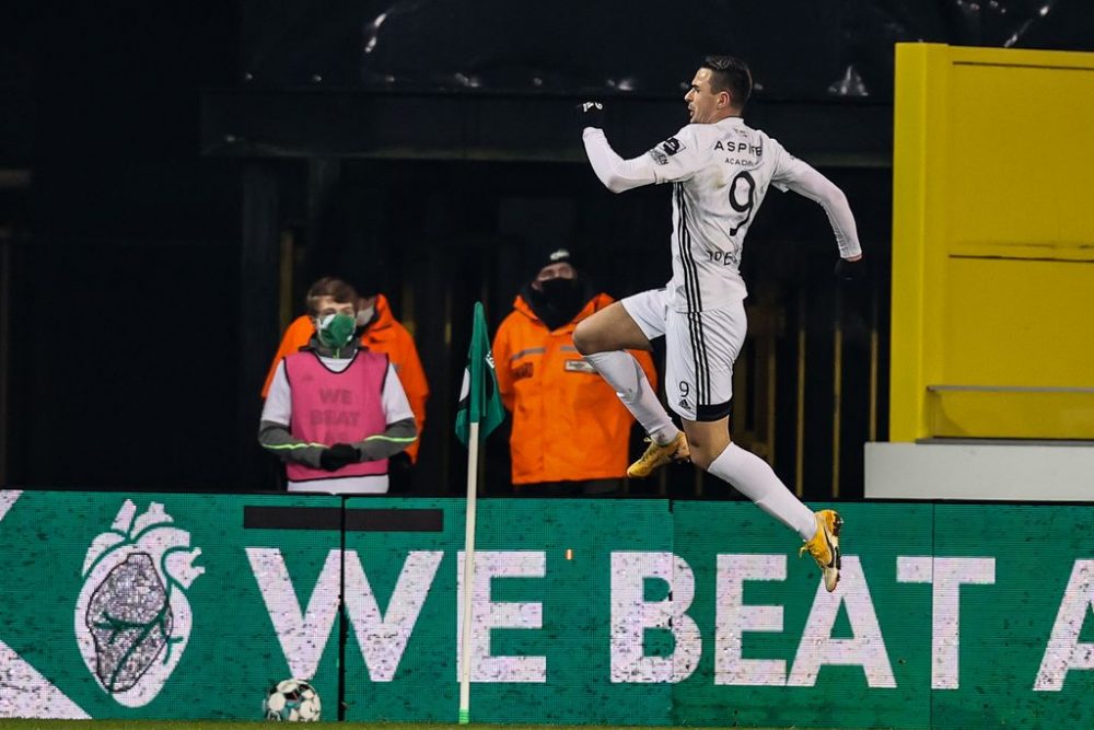 Eupen's Smail Prevljak celebrates after scoring during a soccer match between Cercle Brugge and KAS Eupen, Saturday 09 January 2021 in Brugge, on the advanced day thirty of the 'Jupiler Pro League' first division of the Belgian championship. BELGA PHOTO BRUNO FAHY