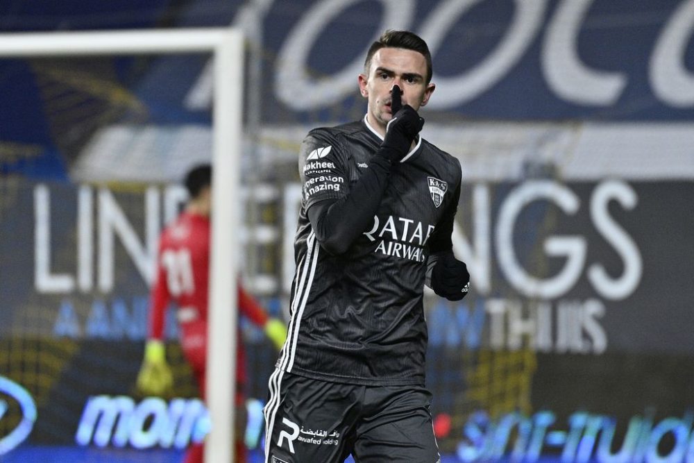 Eupen's Smail Prevljak celebrates after scoring during a soccer match between Sint-Truiden VV and KAS Eupen, Sunday 28 February 2021 in Sint-Truiden, on day 28 of the 'Jupiler Pro League' first division of the Belgian championship. BELGA PHOTO JOHAN EYCKENS