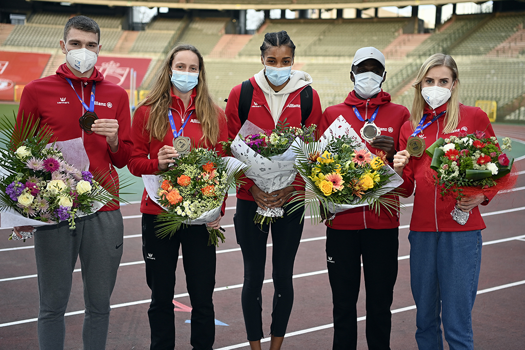 Die belgischen Medaillen gewannen Thomas Carmoy, Noor Vidts, Nafissatou Nafi Thiam, Isaac Kimeli und Elise Vanderelst (Bild: Eric Lalmand/Belga)