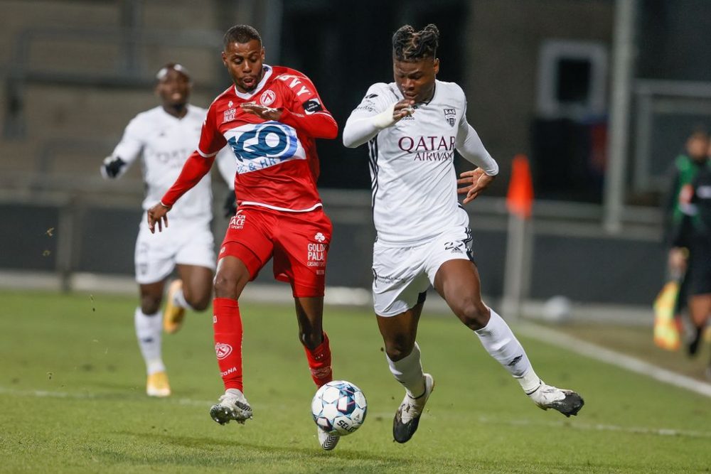 Kortrijk's Faiz Selemani and Eupen's Emmanuel Agbadou fight for the ball during a soccer match between KAS Eupen and KV Kortrijk, Saturday 20 March 2021 in Eupen, on day 31 of the 'Jupiler Pro League' first division of the Belgian championship. BELGA PHOTO BRUNO FAHY