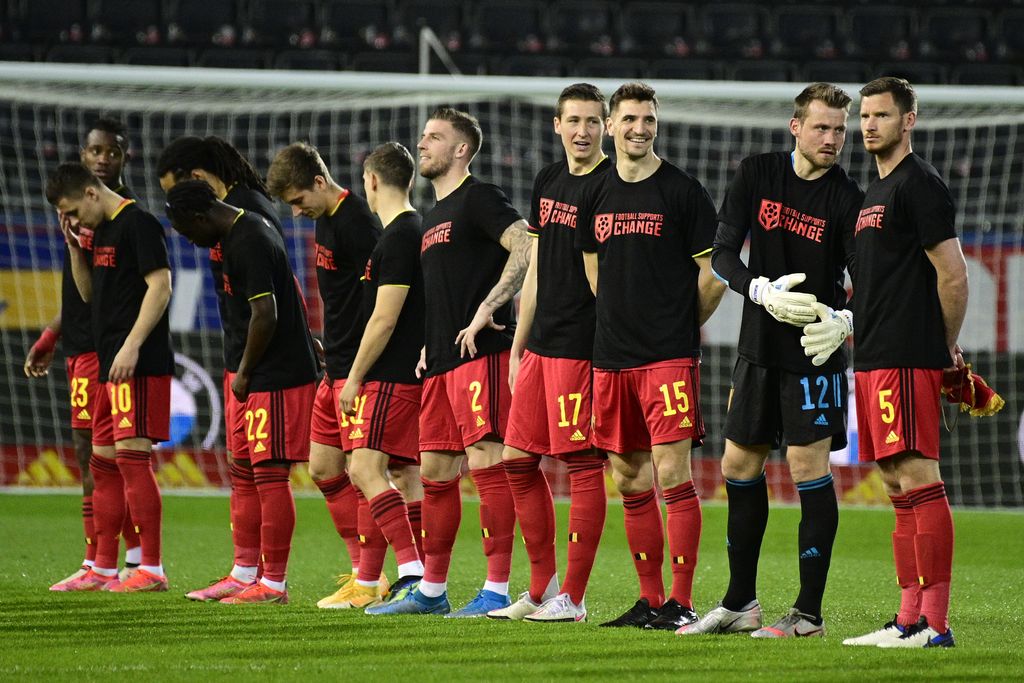 Belgium's players pictured before the start of a qualification game for the World Cup 2022 in the group E between the Belgian national team Red Devils and Belarus (third out of eight games), Tuesday 30 March 2021 in Leuven. BELGA PHOTO YORICK JANSENS