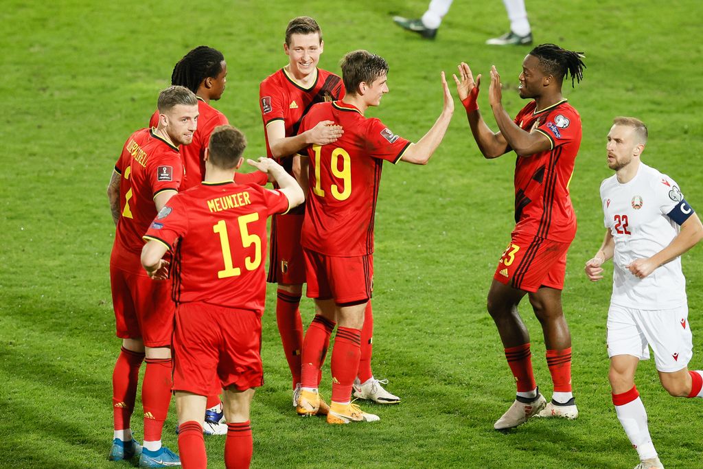 Belgium's Dennis Praet celebrates after scoring the 5-0 goal during a qualification game for the World Cup 2022 in the group E between the Belgian national team Red Devils and Belarus (third out of eight games), Tuesday 30 March 2021 in Leuven. BELGA PHOTO BRUNO FAHY