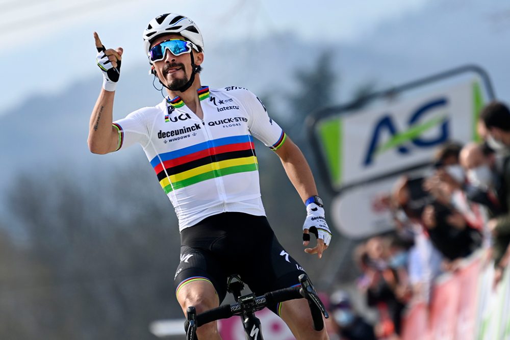 Radweltmeister Julian Alaphilippe gewinnt die Flèche Wallonne 2021 (Bild: Eric Lalmand/Belga)