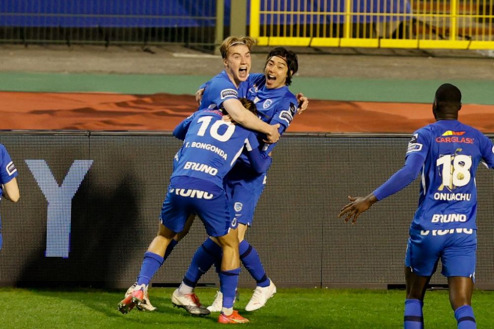 Genk's Junya Ito celebrates after scoring during the 'Croky Cup' Belgian cup final between KRC Genk and Standard de Liege, Sunday 25 April 2021 in Brussels. BELGA PHOTO BRUNO FAHY