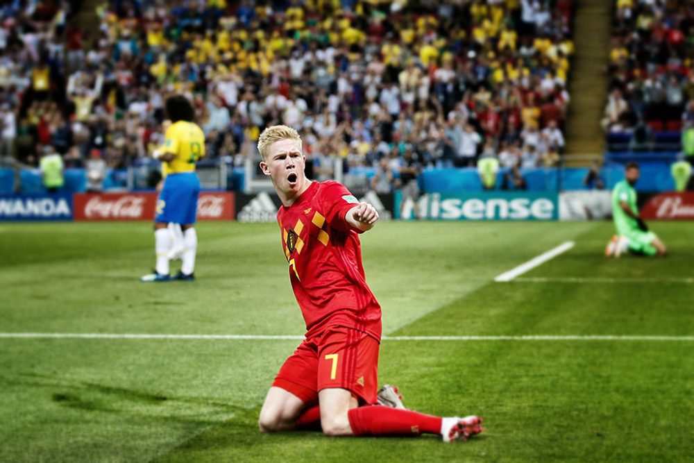 Kevin De Bruyne beim Torjubel nach dem 2:0 gegen Brasilien 2018 (Archivbild: Bruno Fahy/Belga)