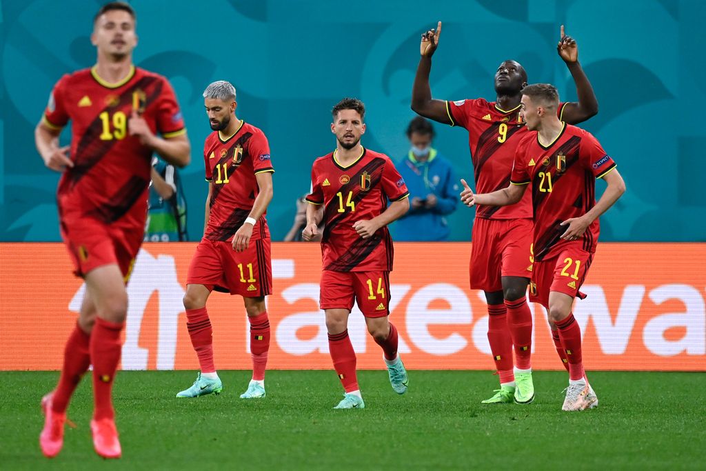 Belgium's Romelu Lukaku celebrates after scoring the 0-1 goal during a soccer game between Russia and Belgium's Red Devils, the first game in the group stage (group B) of the 2020 UEFA European Football Championship, on Saturday 12 June 2021 in Saint Petersburg, Russia. BELGA PHOTO DIRK WAEM