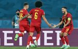 Belgium's Thorgan Hazard, Belgium's Axel Witsel and Belgium's Eden Hazard celebrate after scoring the 1-0 goal during the round of 16 game of the Euro 2020 European Championship between the Belgian national soccer team Red Devils and Portugal, in Sevilla, Spain, Sunday 27 June 2021. BELGA PHOTO LAURIE DIEFFEMBACQ