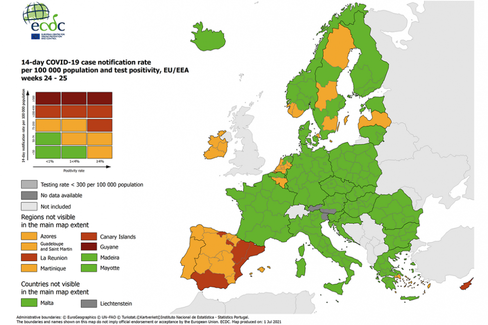 Covid-Karte der ECDC vom 1. Juli
