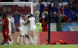 Belgium's Jeremy Doku, Italian Marco Verratti, Italian Leonardo Spinazzola, Italian Leonardo Bonucci and Belgium's Romelu Lukaku pictured during the quarter-finals game of the Euro 2020 European Championship between the Belgian national soccer team Red Devils and Italy, in Munich, Germany, Friday 02 July 2021. BELGA PHOTO VIRGINIE LEFOUR