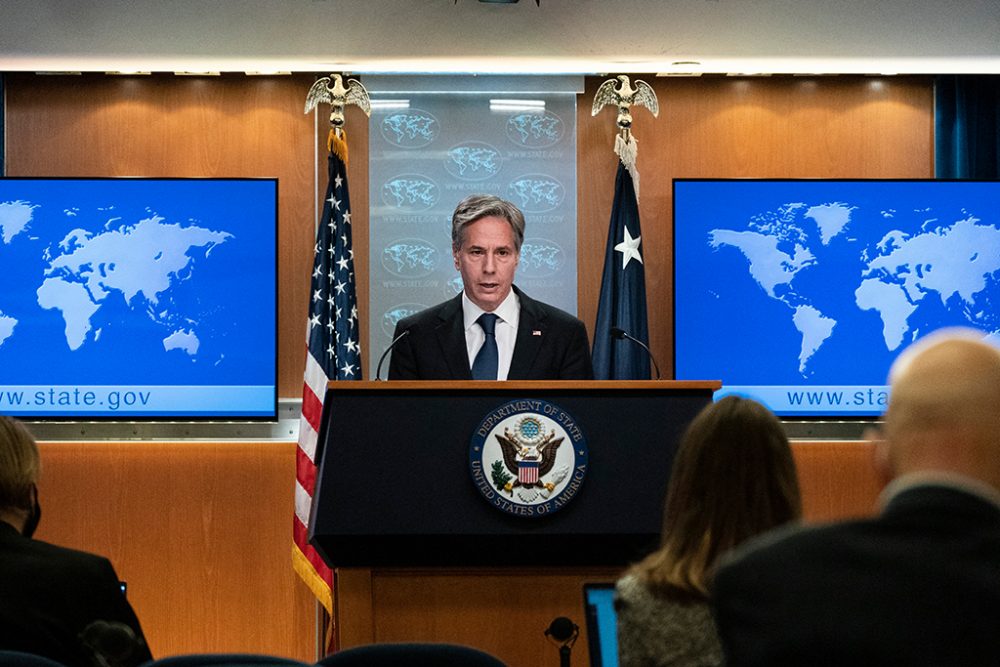 Außenminister Antony Blinken bei der Pressekonferenz am Mittwochabend (Bild: Alex Brandon/AFP)