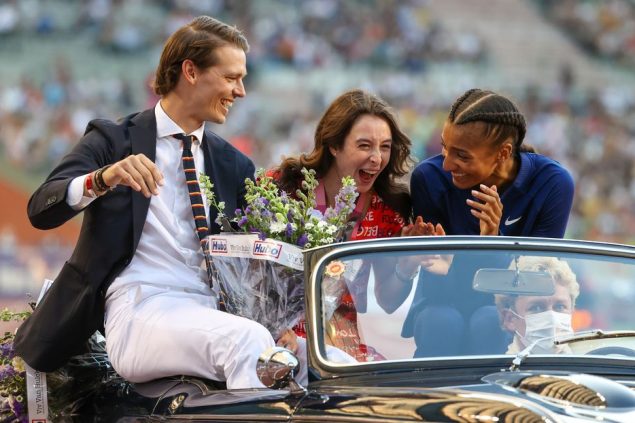 Belgian hockey player Felix Denayer, Belgian gymnast Nina Derwael and Belgian Nafissatou Nafi Thiam pictured during the ceremony before the 2021 edition of the Memorial Van Damme athletics meeting, Friday 03 September 2021 in Brussels, part of the Diamond League competition. BELGA PHOTO VIRGINIE LEFOUR