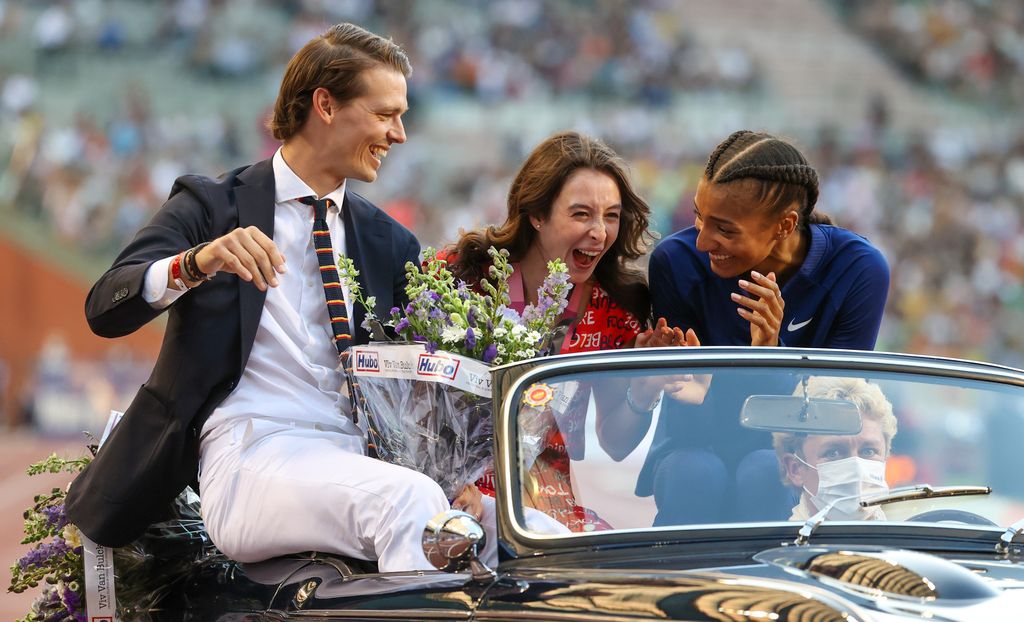 Belgian hockey player Felix Denayer, Belgian gymnast Nina Derwael and Belgian Nafissatou Nafi Thiam pictured during the ceremony before the 2021 edition of the Memorial Van Damme athletics meeting, Friday 03 September 2021 in Brussels, part of the Diamond League competition. BELGA PHOTO VIRGINIE LEFOUR