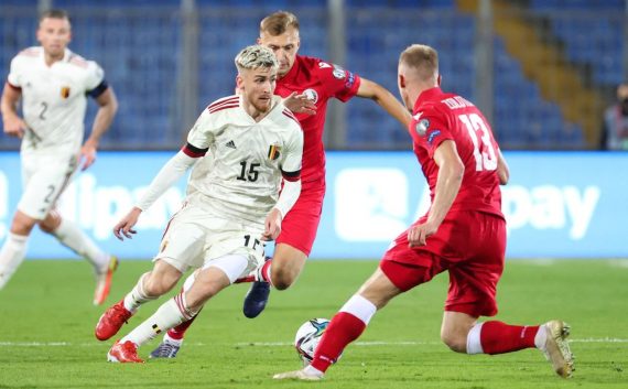 Belgium's Alexis Saelemaekers fights for the ball during a soccer game between Belarus and Belgian national team Red Devils, Thursday 09 September 2021 in Kazan, Russia, game 6 in group E of the qualifications for the 2022 FIFA World Cup. BELGA PHOTO VIRGINIE LEFOUR