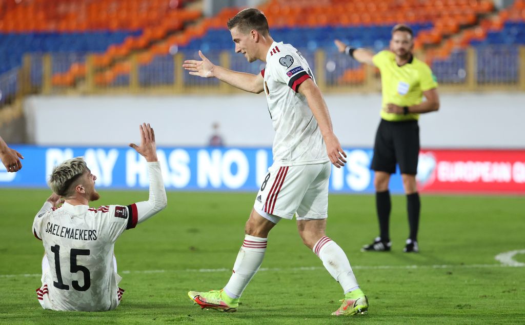 Belgium's Dennis Praet celebrates after scoring during a soccer game between Belarus and Belgian national team Red Devils, Thursday 09 September 2021 in Kazan, Russia, game 6 in group E of the qualifications for the 2022 FIFA World Cup. BELGA PHOTO VIRGINIE LEFOUR
