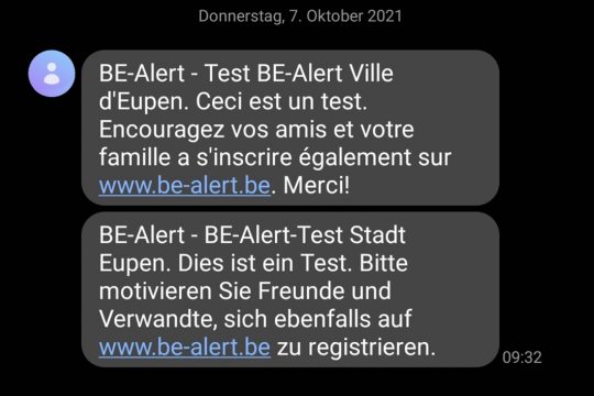 Testnachricht von BE-Alert (Bild: BRF)