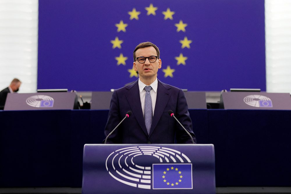 Der polnische Premierminister Mateusz Morawiecki während seiner Rede vor dem Europaparlament (Bild: Ronald Wittek/Pool/AFP)