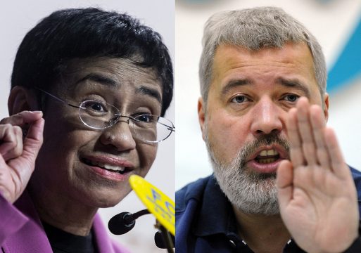 Maria Ressa und Dmitri Muratow (Bilder: Isaac Lawrence/Yuri Kadobnov/AFP)